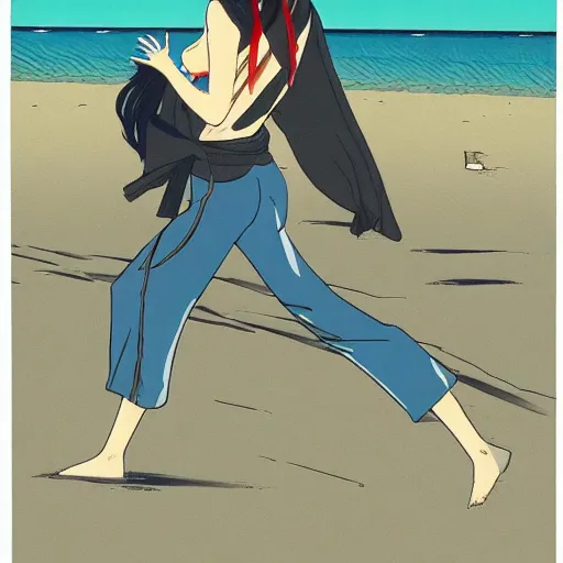 Image similar to Beautiful Japanese woman running from an old samurai on the beach Toshio Saeki, high detailed, artstation trending