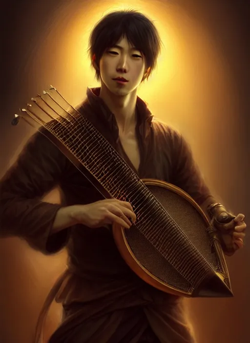 Image similar to modern japanese male bard playing lute, full body, hyper realistic, blade runner, extremely detailed, dnd character art portrait, dark fantasy art, intricate fantasy painting, steampunk, dramatic lighting, vivid colors, deviantart, artstation, by clyde caldwell and krenz cushart and artem demura and john williams waterhouse