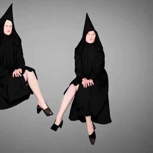 Image similar to photo of wearing pointed hats, translucent dresses, two freaky levitating twin nuns