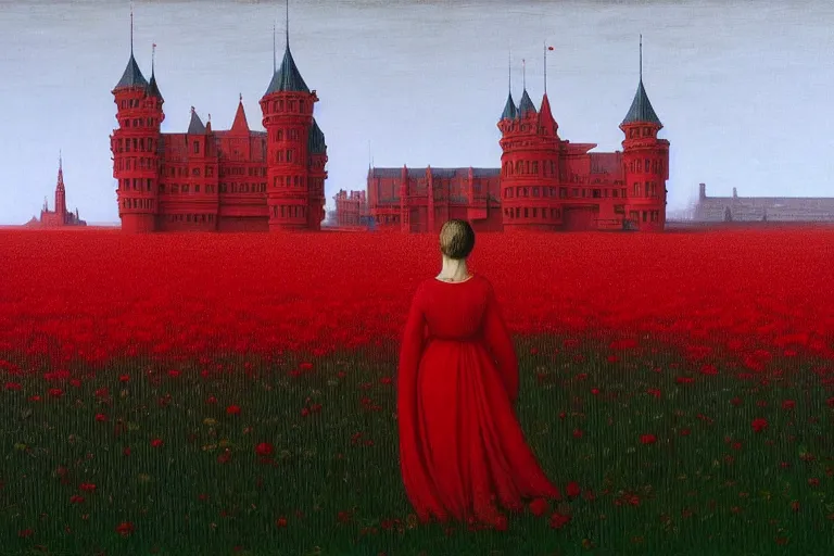 Image similar to only with red, red flowers of different types, red castle in background, red medieval big goblins, in the style of beksinski, parts by edward hopper, parts by rodcenko, parts by yue minjun, intricate and epic composition, red by caravaggio, insanely quality, highly detailed, masterpiece, red light, artstation, 4 k