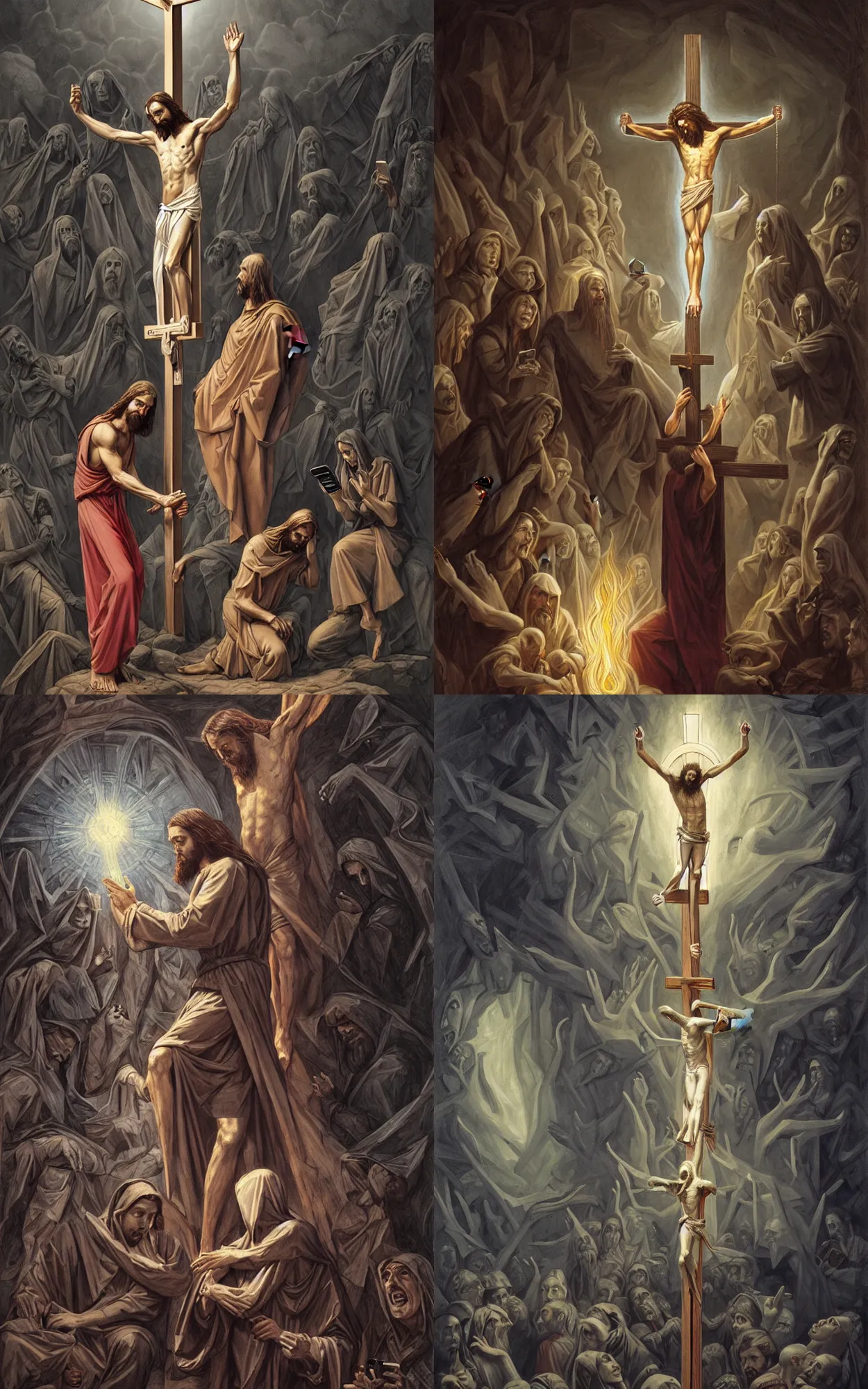 Prompt: jesus on the cross looking at the smartphone in his hand texting hung up atm, brb! by peter mohrbacher, gustav dore, h. r. giger, alex grey, android jones, and max chroma