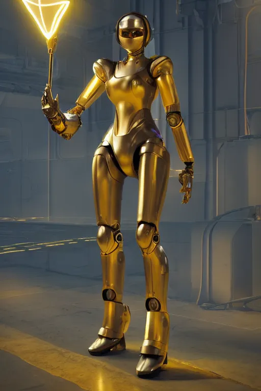 Prompt: maria of metropolis, humanoid robot, golden full body armor, deployed wings, beautiful helmet, glowing yellow eyes, scifi, futuristic, raytracing, glowwave, unreal engine 5 rendered, by fritz lang, art style by pixar warner bros dreamworks disney riot games and overwatch