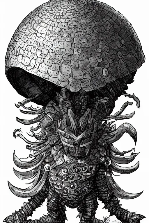 Image similar to armoured warrior mushroom monster, symmetrical, highly detailed, digital art, sharp focus, trending on art station, amber, kentaro miura art style