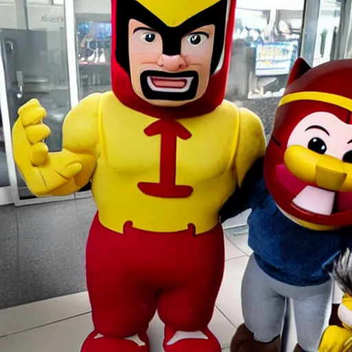 Image similar to wolverine from marvel holding hands with the wendys mascot