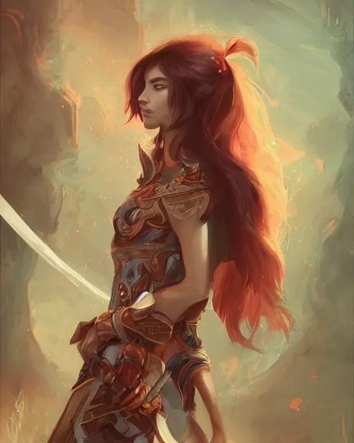 Prompt: a portrait of a beautiful female warrior by Ross Tran, James Jean