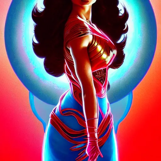 Image similar to anne curtis as darna, volumetric lights, red and cyan theme, art nouveau botanicals, intricate, highly detailed, digital painting, artstation, concept art, smooth, sharp focus, cinematic, illustration, beautiful face, art by artgerm and greg rutkowski and alphonse mucha