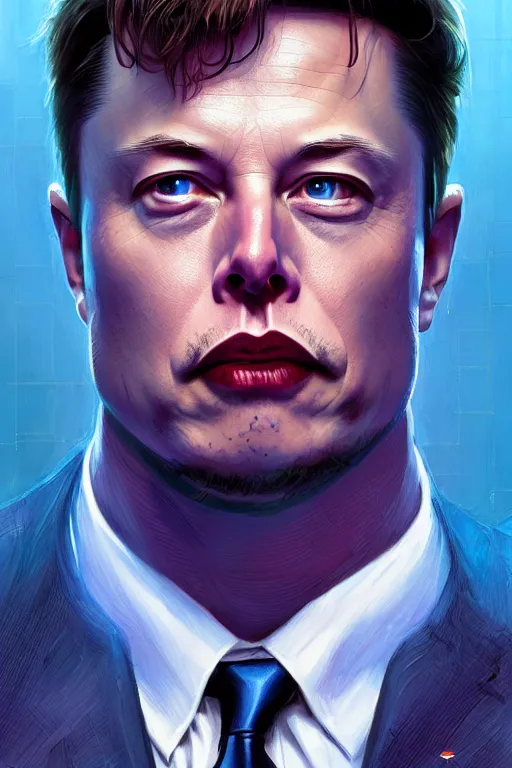 Image similar to elon musk as a blue suit spider man, realistic portrait, symmetrical, highly detailed, digital painting, artstation, concept art, smooth, sharp focus, illustration, cinematic lighting, art by artgerm and greg rutkowski and alphonse mucha