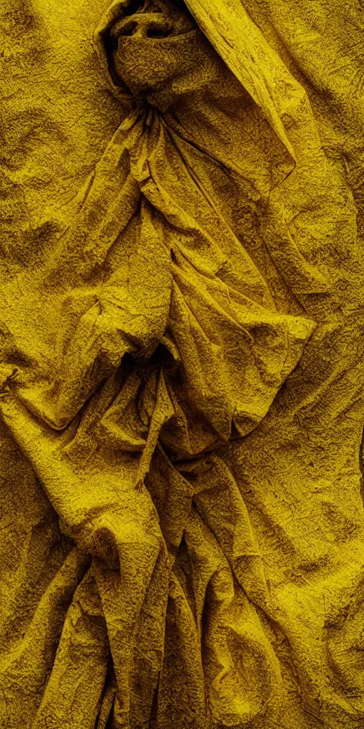 Image similar to faceless man in a yellow suit, hidden behind torn cloth swirling violently