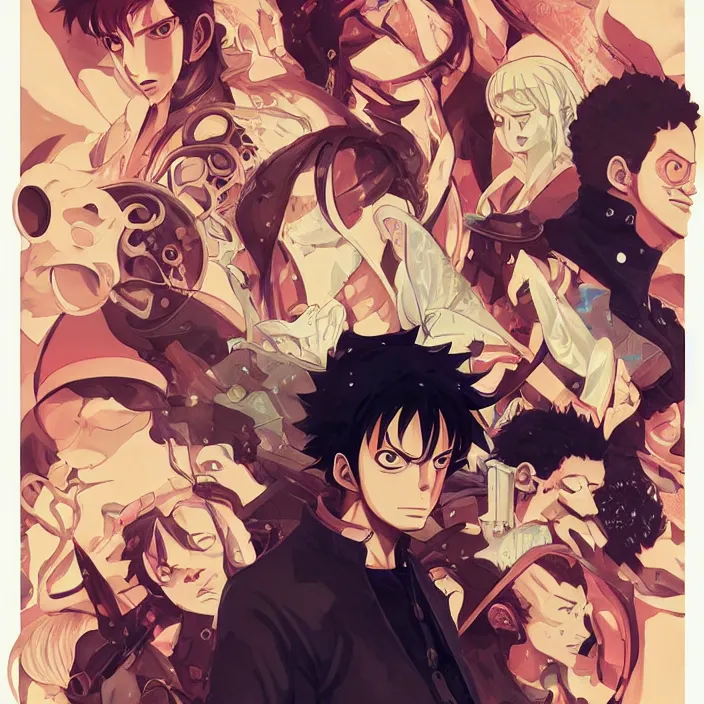 Image similar to anime portrait one piece, futuristic science fiction, mucha, hard shadows and strong rim light, art by jc leyendecker and atey ghailan and sachin teng