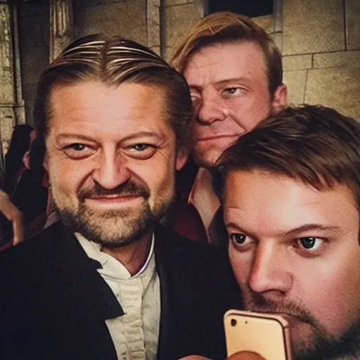 Prompt: “Joffrey Baratheon, taking a selfie with Ned Stark”