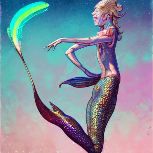 Prompt: mermaid on roller skates by william barlowe and pascal blanche and tom bagshaw and elsa beskow and enki bilal and franklin booth, neon rainbow vivid colors smooth, liquid, curves, very fine high detail 3 5 mm lens photo 8 k resolution