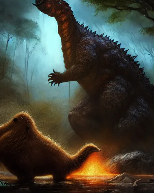 Image similar to giant capybara monster feasting on godzilla's corpse, woodlands, magic the gathering artwork, D&D, fantasy, cinematic lighting, centered, symmetrical, highly detailed, digital painting, artstation, concept art, smooth, sharp focus, illustration, volumetric lighting, epic Composition, 8k, art by Akihiko Yoshida and Greg Rutkowski and Craig Mullins, oil painting, cgsociety