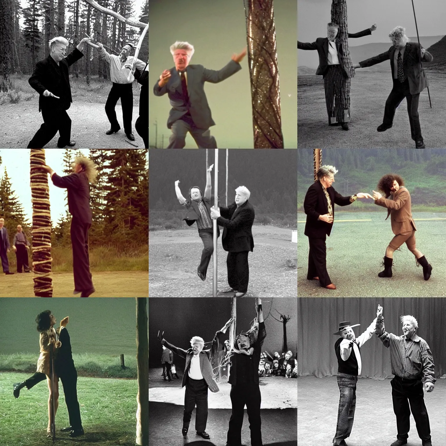 Prompt: david lynch and tiny tim dancing around a midsummer pole, still from twin peaks