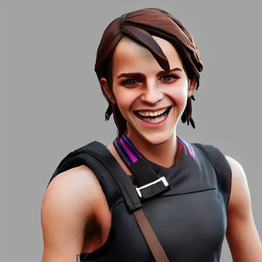 Prompt: textured film grain subsurface scattering fashion model face smiling laughing squinting emma watson as a fortnite character cgsociety octane render unreal engine redshift render trending on artstation trending on artstation render blender behance cg superhero