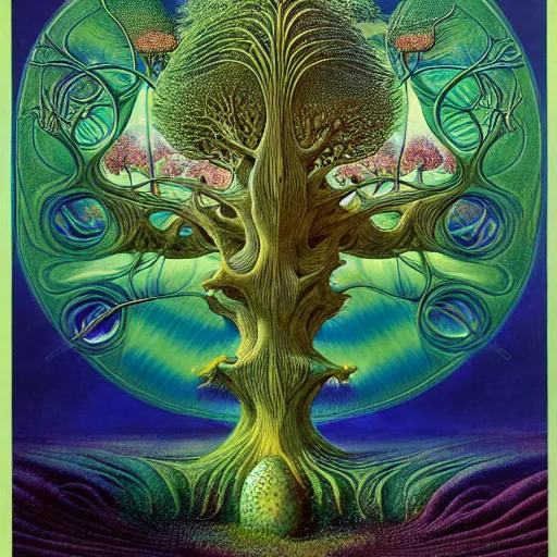 Image similar to sacred mulberry tree by roger dean and andrew ferez, art forms of nature by ernst haeckel, divine chaos engine, symbolist, visionary, art nouveau, botanical fractal structures, tree of life, lightning bolts, heimat, detailed, realistic, surreality