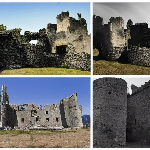 Prompt: a view that is split in two. the right half is from when the castle was new. the left half is from when the castle has advanced in time and become a ruin.