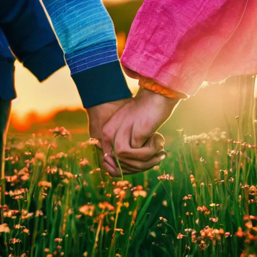 Image similar to a gay couple holding hands in a field of flowers at sunset, realistic, intricate, 4k