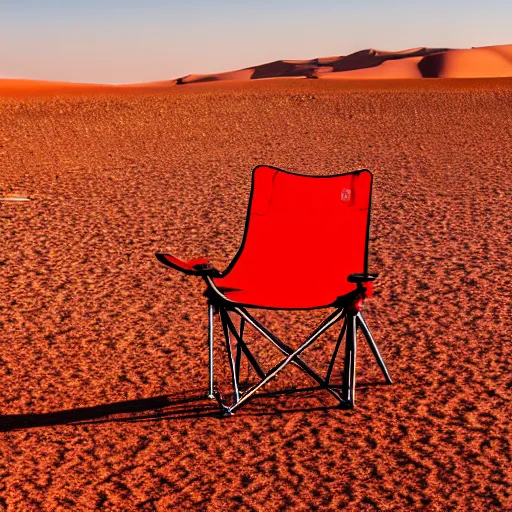 Prompt: a red camping chair in the middle of the sahara desert. the chair is 2 0 feet away from the camera.