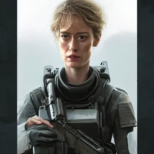 Prompt: portrait of a woman by greg rutkowski, she looks like mackenzie davis, impeccable military composure, wearing tactical gear of the galactic alliance, star wars expanded universe, she is about 6 0 years old, highly detailed portrait, digital painting, artstation, concept art, smooth, sharp foccus ilustration, artstation hq