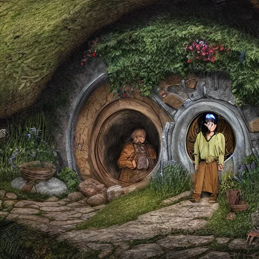 Prompt: frodo baggins in the shire surrounded by hobbit holes In the style of moebius, detailed 4k photograph, HDR, very detailed