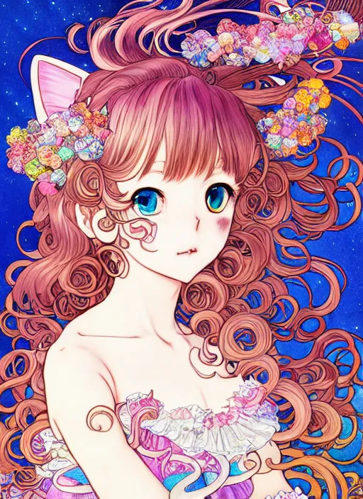 Image similar to manga of beautiful cat girl aside carousel, curls hair, rococo ruffles dress, pastel rainbow, pearlescent, shimmering, prismatic, reflective, rim light, detailed background, by katsuhiro otomo, takeshi obata, alphonse mucha, illustration, artstation, concept art, highly detailed, colorful, maximalist