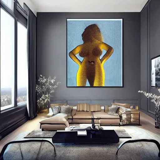 Image similar to a large lamp woman body inspired design, placed in a large living room, art designers magazine HD photo superrealism 3d 8k resolution