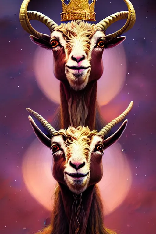 Image similar to highly detailed portrait of a three - headed goat wearing golden crown and pink dress, stephen bliss, unreal engine, fantasy art by greg rutkowski, rhads, ferdinand knab, makoto shinkai and lois van baarle, ilya kuvshinov, rossdraws, tom bagshaw, global illumination, radiant light, red blue theme, meadow