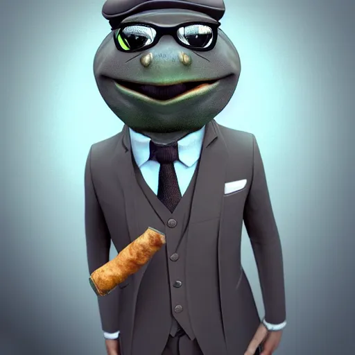 Image similar to a high quality photo of an antropomorphic mafia frog wearing a suit smoking a cigar, 3d scene, render, ultra realistic, artstation, cgsociety