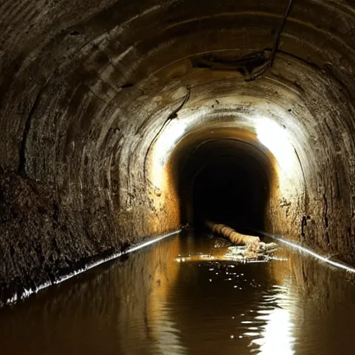 Prompt: deep underground tunnel, flooded, dirty water, dense rusty pipes network, dense cables network, mold