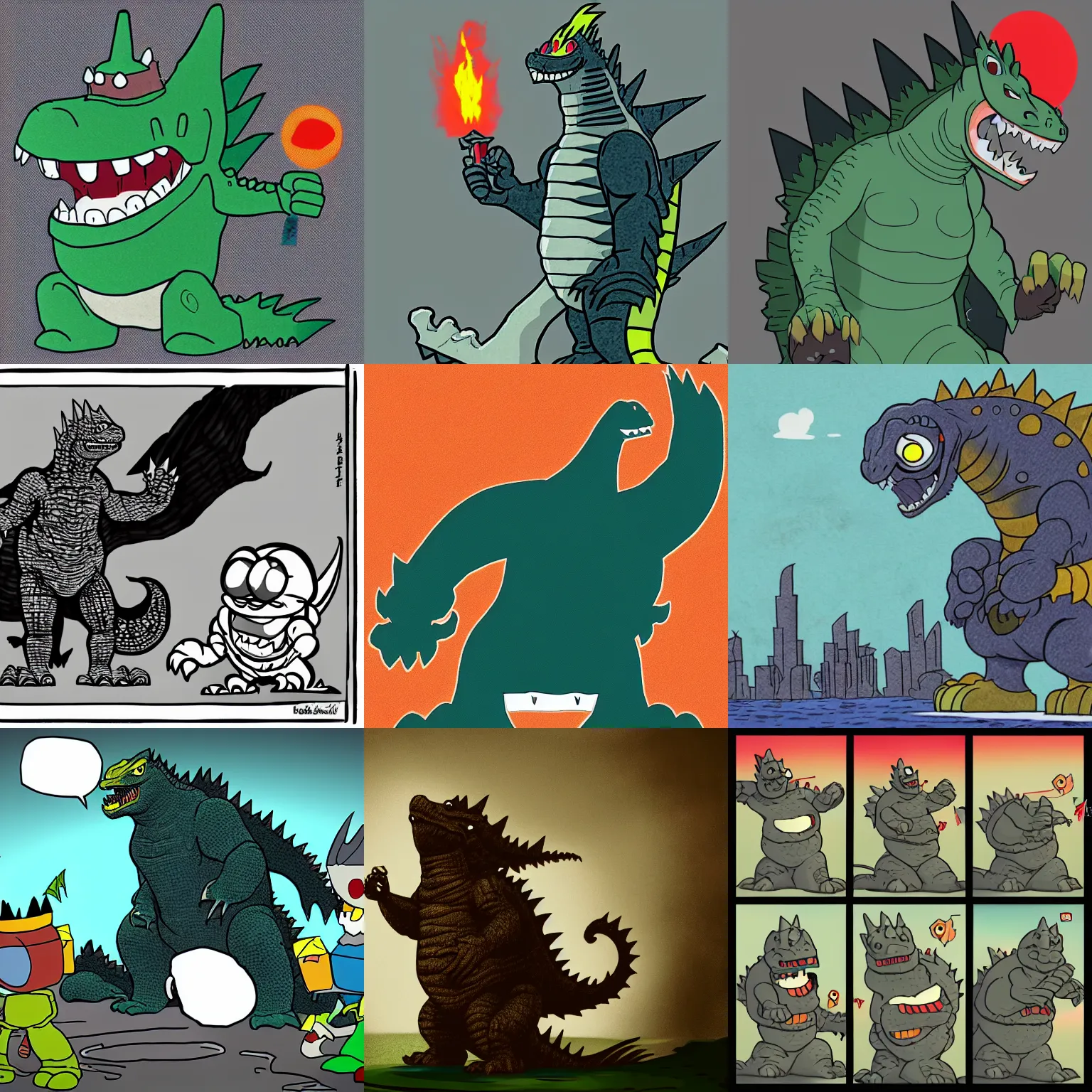 Prompt: godzilla in the style of cuphead, cartoon, simple, high definition