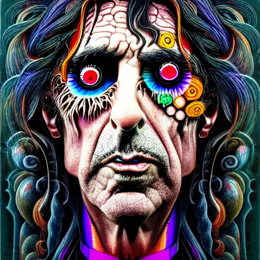 Image similar to An extremely psychedelic portrait of Alice Cooper, surreal, LSD, face, detailed, intricate, elegant, lithe, highly detailed, digital painting, artstation, concept art, smooth, sharp focus, illustration