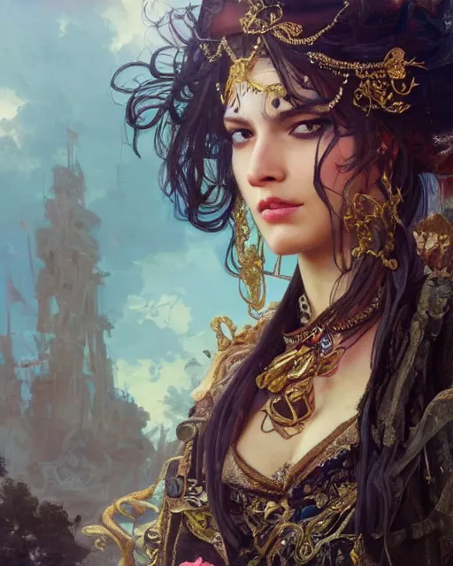 Image similar to a beautiful close up portrait of a pirate sitting with elegant looks, leather clothing, ornate costume and flowing magic all around, intricate and soft by ruan jia, tom bagshaw, alphonse mucha, krenz cushart, beautiful pirate ruins in the background, epic sky, vray render, artstation, deviantart, pinterest, 5 0 0 px models