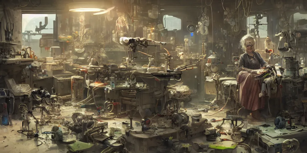 Image similar to an environmental concept art of an elderly woman cyberneticist in a cluttered workshop, surgical implements, surgery theatre, robotic arm, blood spatter, highly detailed, cinematic, dramatic, cyberpunk, dieselpunk, scifi space station, horror, ( bladerunner 2 0 4 9, cyberpunk 2 0 7 7 )