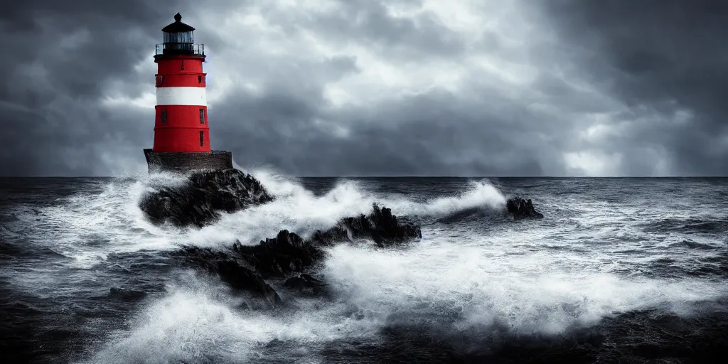 Image similar to stormy sea and dramatic sky, a lighthouse on a cliff, artstation, realistic, moody