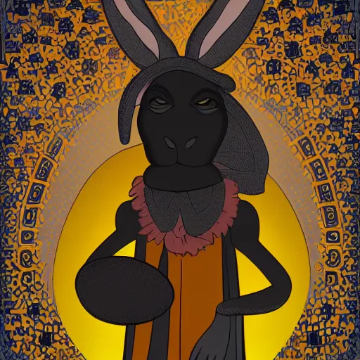 Image similar to black humanlike anthropomorphic jackrabbit harengon, wearing monk robes and a large wide brimmed hat, dark foreground, 4 k digital art