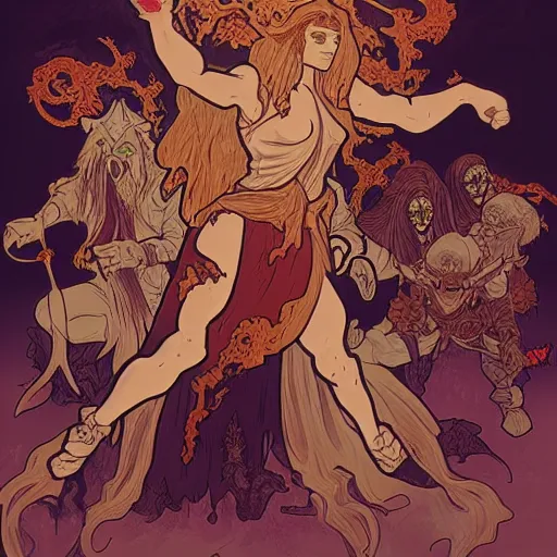 Image similar to a necromancer is fighting a horde of demons with magic, medium level shot , epic fight scene, Alphonse Mucha style , Grim fantasy, illustration ,concept art,