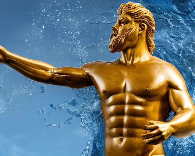 Image similar to a giant abstract sculpture of a legendary greek warrior god on the water, in the style of jeff koons, award winning, cinematic, hyper - realistic, very detailed, realistic water splashes, ray tracing, 8 k resolution, long - shot, sharp focus, low angle, 8 5 mm photograph, wide lens