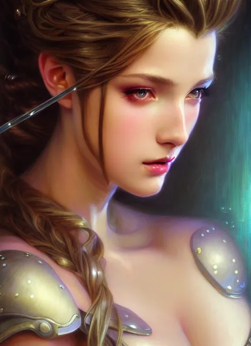 Prompt: glamorous aerith portrait, seductive eyes and face, elegant, lascivious pose, very detailed face, studio lighting, photorealism, wearing futuristic armor , portrait by Magali Villeneuve and Steve Argyle,Livia Prima,Mucha,dress,fantasy art,beautiful,artstation,trending on artstation,intricate details,alluring,masterpiece