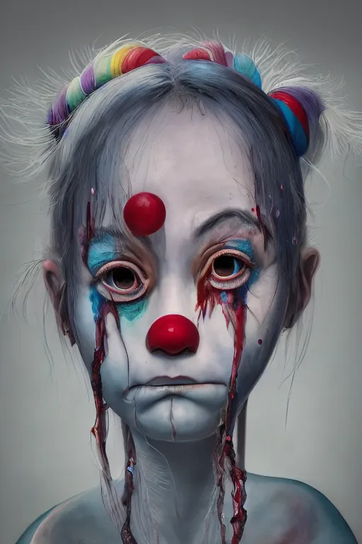 Image similar to detailed painting of clown girl crying, piercing eyes, james jean, miho hirano, hyperrealistic, octane render, ambient light, dynamic lighting