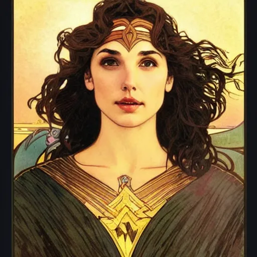 Image similar to gal gadot portrait by louis - theophile hingre and alphonse mucha, realistic, sharp focus, zodiac signs, tarot cards, planets, ethereal, art nouveau, magic, moon, sun, crown, dreamy, royal, jewellery