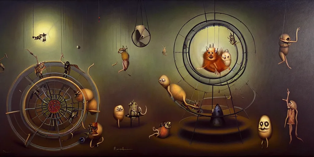 Prompt: trapped on the hedonic treadmill like a hamster on a wheel, dark surreal oil painting by ronny khalil, shaun tan, and leonora carrington