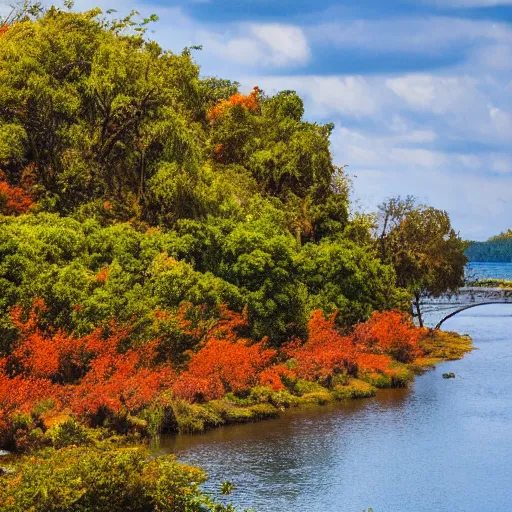 Prompt: a serene landscape of an island with tangerine trees, beside a river