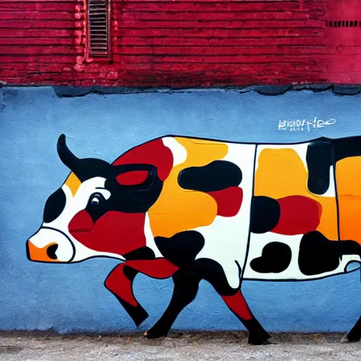 Image similar to cow driving a car, street art style, 4 k