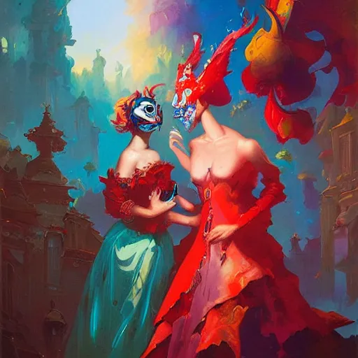 Image similar to a beautiful and vivid and colorful peter mohrbacher and andreas rocha impasto acrylic painting of a masquerade ball