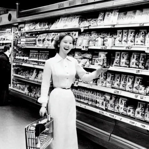 Prompt: jennifer lawrence in a grocery store in the 1950's, high quality, hyper realistic,