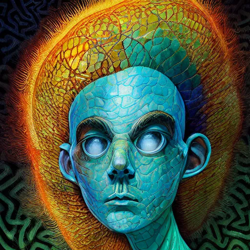 Image similar to fungus labyrinth mohawk scales manifestor portrait by gaston bussierre and charles vess and james jean and erik jones and rhads, inspired by rick and morty, epic, funny, huge scale, beautiful fine face features, intricate high details, sharp, ultradetailed