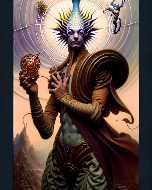 Image similar to the fool tarot card, fantasy character portrait made of fractals, ultra realistic, wide angle, intricate details, the fifth element artifacts, highly detailed by peter mohrbacher, hajime sorayama, wayne barlowe, boris vallejo, aaron horkey, gaston bussiere, craig mullins