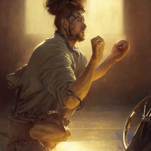 Image similar to handsome portrait of a wheelchair guy fitness posing, radiant light, caustics, war hero, playing wheelchair basketball, by gaston bussiere, bayard wu, greg rutkowski, giger, maxim verehin