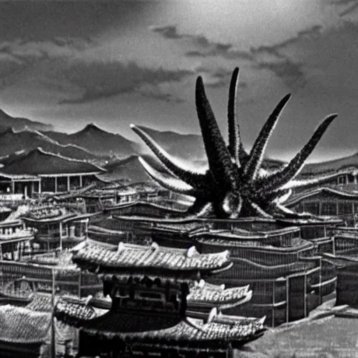 Prompt: a giant Kaiju Starfish Monster over a traditional Korean village, minimal cinematography by Akira Kurosawa, hyperrealistic movie filmstill, film noir, thriller by Fritz Lang