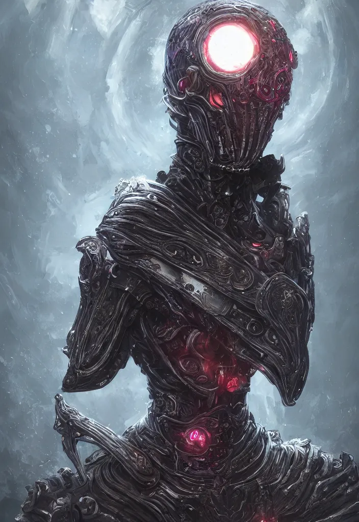 Image similar to a fancy portrait of n android necromancer, aura of light, friendly, bloodborne style, artificial intelligence, scifi, futuristic, highly detailed, trending on artstation, advanced technology, art by vitaly bulgarov and nivanh chanthara and lance wilkinson